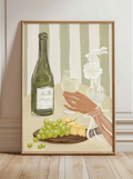 Wine and grapes kitchen wall art print — woman in pajamas with wine, cheese and lemon vase still life