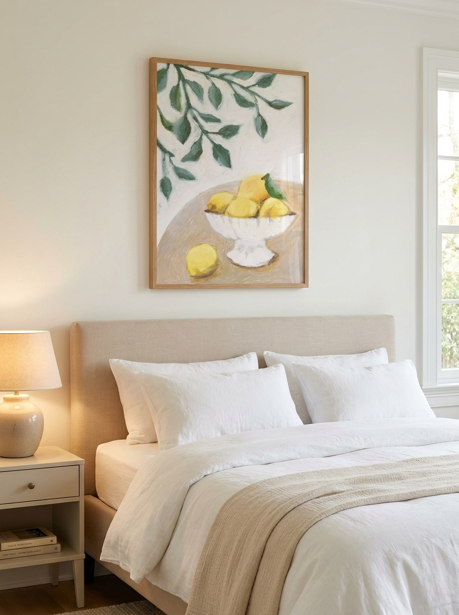Kitchen wall art — sunlit Mediterranean still life with lemons